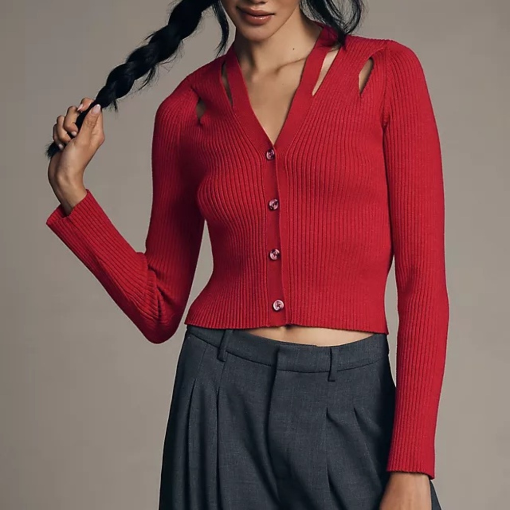Anthropologie red shoulder cut out v-neck ribbed sweater